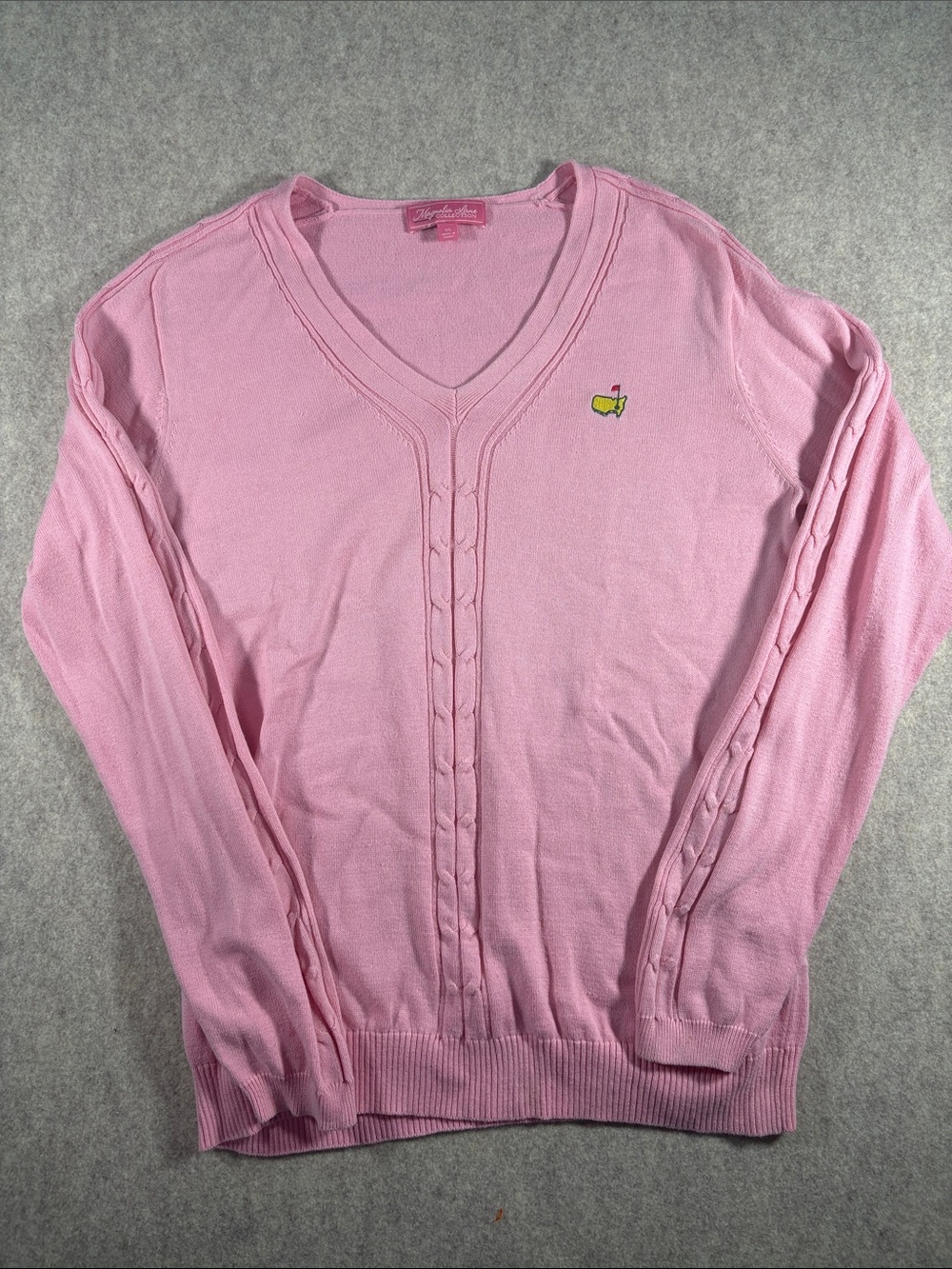 Magnolia Lane Women’s Masters Pink V-Neck Cable-Trim Sweater size XL